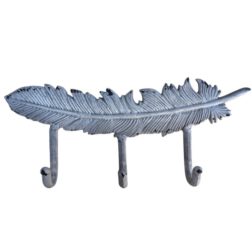 Cast Iron Feather Shaped Wall Hook Rack With 3 Hooks White Sturdy Build